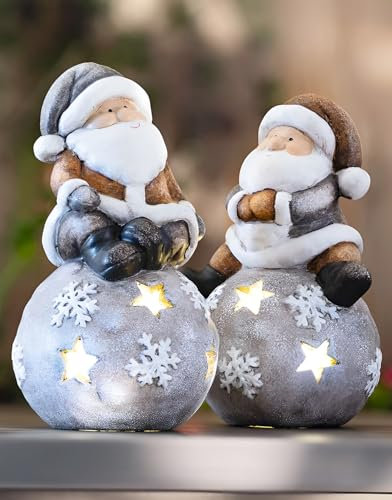 Dekoleidenschaft 2X Dekofigur Weihnachtsmann auf Kugel aus Terracotta, mit LED Beleuchtung, 16 cm hoch, Nikolaus auf Leuchtkugel, Weihnachtsdeko, Weihnachtsfigur