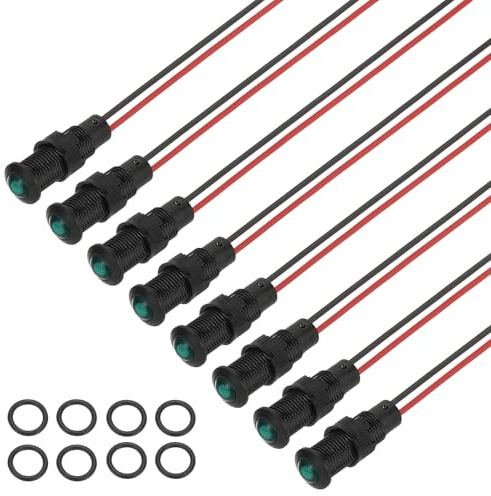 PATIKIL 8mm Green Signal Indicator Lights, 8 Pack AC/DC 12-24V Panel Mount Waterproof Warning Lamps for Industrial Electrical Car Motorcycles Boats Directional Dash Light, Black