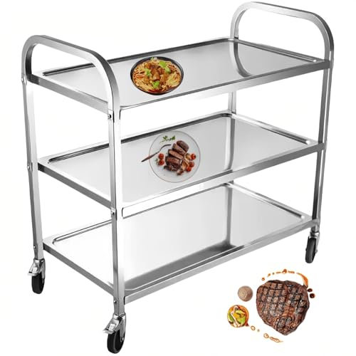 Servicewagen, Küchenwagen, Edelstahlwagen, Vorratswagen, Transport-Reinigungswagen, Food-Service-Hilfsmittel, 3 Ablagen, 4 Rollen, geeignet für Hotels, Krankenhäuser, Schulen(750*400*835mm)