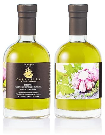Caravella Fine Food Aceite de Oliva Virgen Extra aromatizado con Ajo 250 ml Condimento Veneciano - Anticolesterol Vitamina E Antioxidantes - Perfecto para rociar parrillas Barbacoas Aderezos Salsas