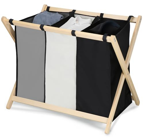SPRINGOS Cesto para la ropa sucia con marco de madera, 3 bolsillos de tela extraíbles, 105 litros, 3 compartimentos, plegable, con asas, clasificador de ropa