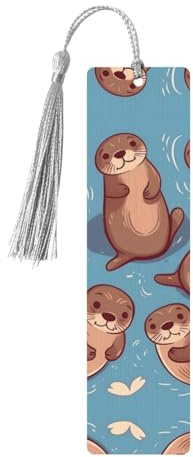 Tierische, süße braune Otter-Lesezeichen aus Holz mit grauen Quasten, handgefertigt, doppelseitig bedruckt, Lesezeichen, Seitenmarker, Buchzubehör, Geschenk für Buchliebhaber, Frauen und Männer