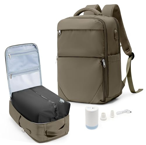 livbote Vakuum Rucksack mit Vakuumpumpe Airbag Rucksack Handgepäck Flugzeug Reiserucksack mit Vakuumsystem Travel Vacuum Backpack für Damen & Herren Vacpack Tasche - Braun