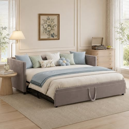 KRYZOR Gepolstertes Schlafsofa 90/180x200 cm, Tagesbett Ausziehbar mit Schlaffunktion, Bett Ausziehbar zum Doppelbett, Ausziehbett mit Lattenrost, Multifunktionsbett, Samt, Grau (Grau, 90/180 * 200)