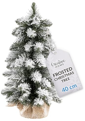 Creative Home Künstlicher Weihnachtsbaum mit Schnee | Tannenbaum 40 cm | Künstlich im Jutesack | Deko Christbaum Klein für Tisch Fensterbrett Büro | Innen, Außen | Geschenk Dekoration Weihnachtsdeko