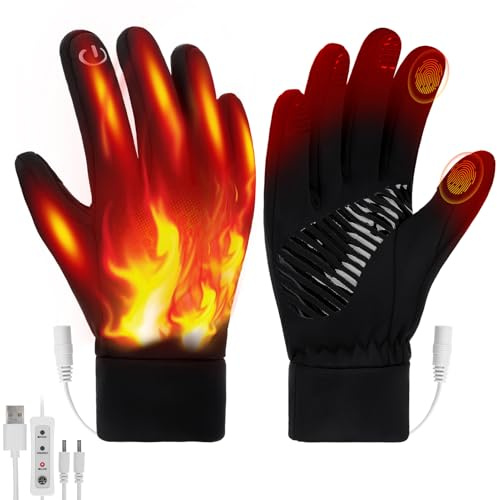 Ertisa USB Heated Gloves for Men Women, Full Finger USB Electric Heated Gloves 3 Temperature Thermal Heated Mittens Reflective Double-Sided Heating Hand Warmers Winter Gifts for Outdoor Skiing Cycling