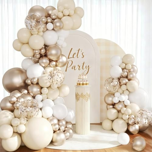 Arche Ballon Anniversaire Or Champagne, 114 Pièces Arche Ballon Beige Blanc