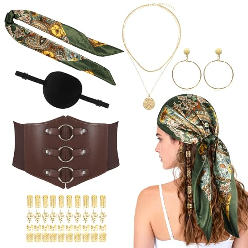HOWAF Piratenkostüm Damen, Piraten Kopftuch, Augenklappe Pirat, Taillenkette Korsett, Haarschmuck Pirat, Ohrringe für Piraten Kostüm, Halloween Karneval Fasching Kostüm