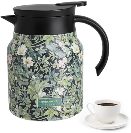 KQDRAVINE Théière avec Infuseur à Motif Floral, 1000ml Cafetière Thermos Café en Acier Inoxydable, Double Couche Theiere Isotherme, Bouilloire à Thé pour Café Thé Lait