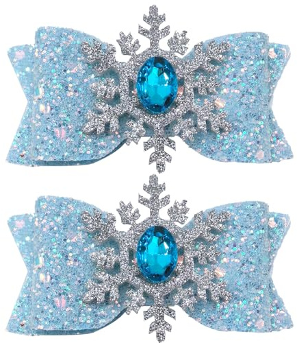 Glitter Blue Snowflake Bow Clips – Christmas Hair Clips with Blue Gems, Winter Silver Snowflake Alligator Clips for Women & Girls, Festive Hair Accessories for Parties & Weddings (2 Pcs)