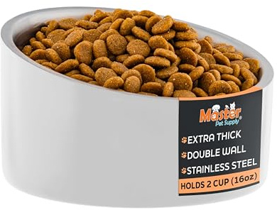 Master Pet Supply Stainless Steel Slanted Dog Cat Food Bowl - 16 oz Heavy Duty - Bone White, Double Wall Insulated, Non-Slip Elevated Bowl for French Bulldogs Pugs Cats, Anti Rust Dishwasher Safe