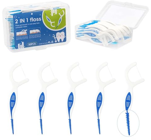 50 Stück Zahnseide Sticks, 2-in-1 Zahnsticks für Zahnreinigung, Zahnzwischenraumbürsten - Zahnseidenhalter zur Zahnpflege,Tragbar für Reise Büro und Zuhause