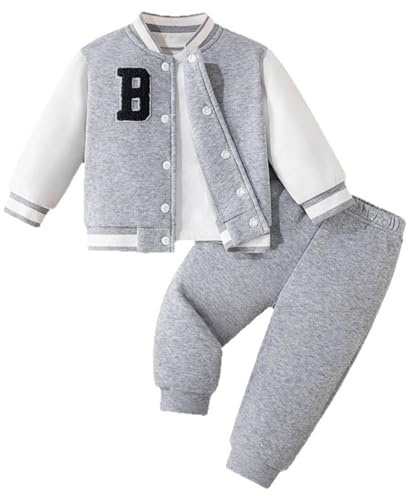 Yhong Baby pojkar sportkläder set baseball sweatjacka byxor träningsoverall sportdräkt joggingdräkt streetwear grå 92-98