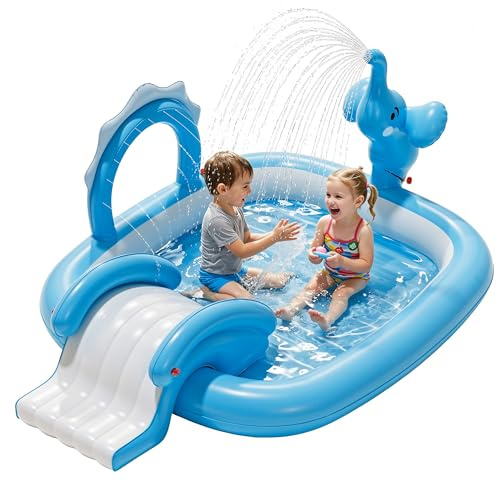 QPAU Piscina Hinchable Infantil Elefante con Tobogán y Rociador, Centro de Juegos de Agua con 4 Aros, 183 × 163 × 94 cm, Piscina Infantil para Jardín y Exterior, Regalo para Niños (Azul)