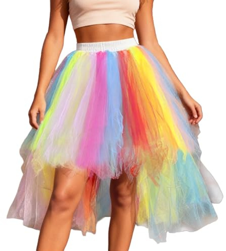 Bunter Tüllrock Damen Vokuhila Tutu Rock Asymmetrisch Lang & Regenbogen Unterrock für Karneval Fasching Halloween Party Festlich Kostüm 80er Jahre Outfit
