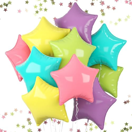 10 Pack 18 Inch Star Foil Balloons - Colorful Self Sealing Party Balloons for Birthday Decorations, No Helium Needed with Ribbons & Straws