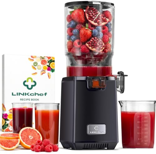 LINKChef Extractor de Zumos Para Frutas y Verduras, Cold Press Juicer 250 W con Boca Ancha de 13 cm, Slow Juicer sin BPA, 1,8 L, Fácil de Limpiar, Recetas Incluidas