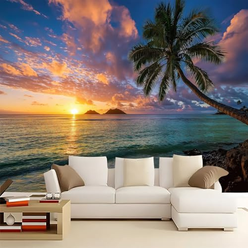 Carta da Parati Fotomurale XXL 200 x 140 cm, Multicolore Poster Murale 3D in Tessuto Non Tessuto per Parete TV Corridoio e Soggiorno, Decorazione Interni di Grande Paesaggio Realistico Costa Tramonto