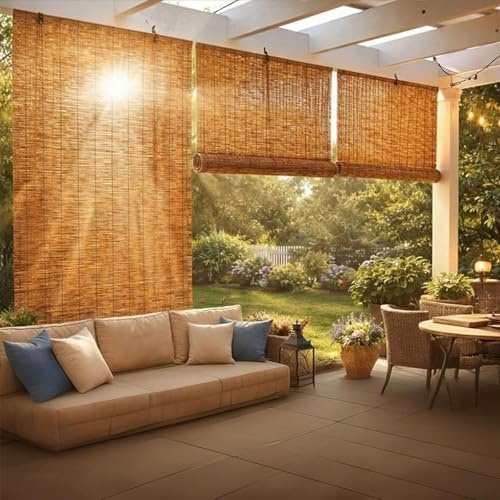 Stores enrouleurs en Bambou pour terrasse extérieure, Disponibles en largeurs de 80 à 160 cm, filtrant la lumière grâce à Leur Fibre Naturelle. Stores rétro en Bambou(140 x 120CM)