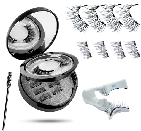 Magnetische Wimpern, wiederverwendbar, 3D-Naturlook, mit Mini-Spiegel, einfache Anwendung ohne Kleber für den täglichen Gebrauch/Partys, geeignet für empfindliche Augen (16 mm, dichter Stil)