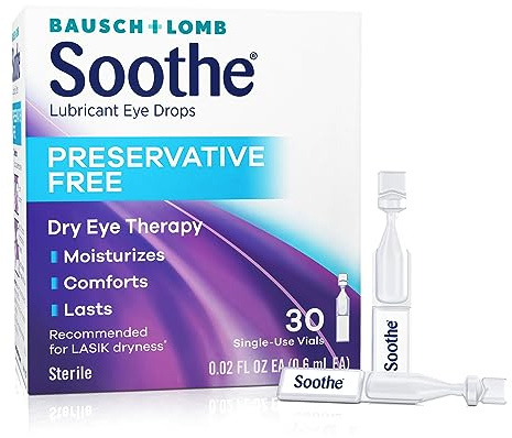 Soothe Preservative-Free Lubricant Eye Drops, Dry Eye Relief, Moisturizing, For Fast Relief & Gentle Enough for Sensitive Eyes and LASIK Dryness, Single-Use Vials, 30 Count