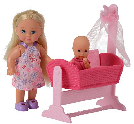 Simba 105736242 - Evi Love Doll Cradle, 2-sort., Evi als Babysitter, mit Puppenwiege und Baby, Ankleidepuppe, 12cm, für Kinder ab 3 Jahren
