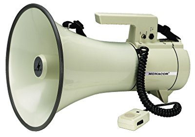 MONACOR TM-35 Megafon mit Hand-Mikrofon und schaltbarer Sirene, 35 Watt Megaphon mit Sprech-Feststelltaste, Schultergurt, Kfz-Anschlusskabel und Tragegriff, in Beige