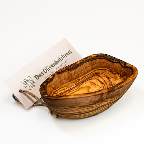 das Olivenholzbrett® / Schälchen aus Olivenholz/Knabberschälchen mit Naturrand/Holzschälchen unregelmäßig geformt/Tapasschälchen/Mehzweckschälchen/Snackschale/Servierschälchen Olivenholz oval 16cm