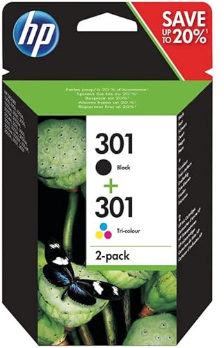 HP 301 2-pack Black/Tri-colour Original Ink Cartridges Combo pack Page Yield B 190/Tri 165 (P/N N9J72AE)