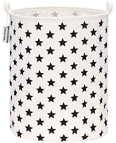 Sea Team 19,7 Zoll große Größe wasserdichte Beschichtung Ramie Cotton Fabric Folding Wäschekorb Eimer Zylindrischer Sackleinen Leinwand Aufbewahrungskorb mit stilvollen Black Stars Design | 50 cm großer zylindrischer Wäscheeimer mit wasserdichter Beschichtung, schwarzer Stern aus Sackleinen