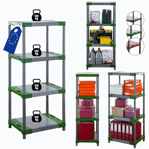 MODO24 Kunststoffregal Jupiter 138x70x46 cm, 4 Ablagen à 120 kg, Lagerregal aus Kunststoff für Keller, Garage, Vorratsraum, Werkstatt, Kellerregal, Steckregal modular, Plastikregal, Farbe: Grün