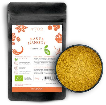 Rimoco N°702 Bio Ras el Hanout - Traditionell nordafrikanische Gewürzmischung | würzig, blumig & warm | Bio Anbau (DE-ÖKO-007) | 50g in Kraftpapier Zip Frische-Beutel