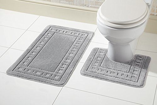 Olivia Rocco Miami Ensemble de 2 tapis de bain et tapis de sol de contour WC antidérapants, Plastique, Silver, Bath Mat 50 x 80 cm, Pedestal Mat 50 x 50 cm