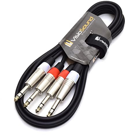 2 x 6.35mm 1/4 Stereo TRS Jack Cable / Balanced Twin Lead (Black, 3m) | Noiseless OFC Balanced Signal, Audio, Patch Cable / 5 Colours