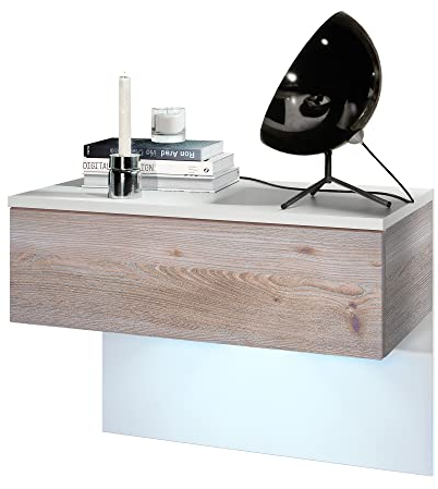 Vladon Nachttisch Sleep, Made in Germany, Nachttischschrank mit Schublade zur Wandmontage, Weiß matt/Eiche Nordic, inkl. LED-Beleuchtung (60 x 46 x 35 cm)
