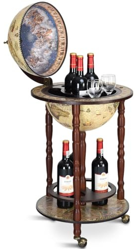 COSTWAY Bar Globe Terrestre Vintage Mappemonde en Bois d'Eucalyptus, Porte-Bouteilles Minibar Roulant 16e Siècle pour Bar, Salle à Manger, Salon, Cave à Vin