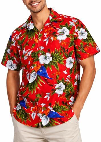 King Kameha Camisa Hawaiana Hombre de Manga Corta con Estampado de Loro y Cereza, Cherryparrot, Rojo, L