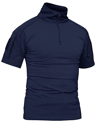 KEFITEVD Uomini Slim Fit Militare Tattico Tattico 1/4 Frontale Zip Camouflage Airsoft Camicie Outdoor Combattimento T Shirt, blu marino, XL