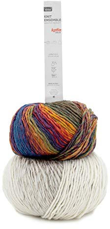Sibylles Geschenkeartikel Limitierte Edition von Katia 250g Knit Ensemble - Farbe 404 naturweiß/rehbraun/blau/gelb - ergibt eine Mütze und einen Rundschal