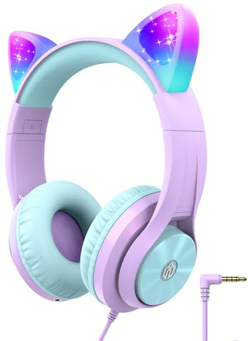 iClever Casque Audio Enfant, Oreilles de Chat Lumineuses LED, Volume Limité à 85dBA, Port partagé, pour Enfants/Ecole/iPad/Tablette Voyage