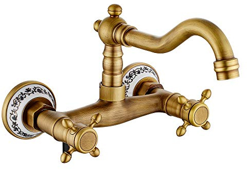 Robinet de Cuisine Mural Ancien Mitigeur Robinet Retro Bronze Antique Rotation 360 ° Double Contrôle Prune Croix Volant Robinet de Cuisine (Antique) | Mélangeur evier avec double poignee en ceramique valve cartouche cartouche eau chaude froide pour salle bain lavabo antique