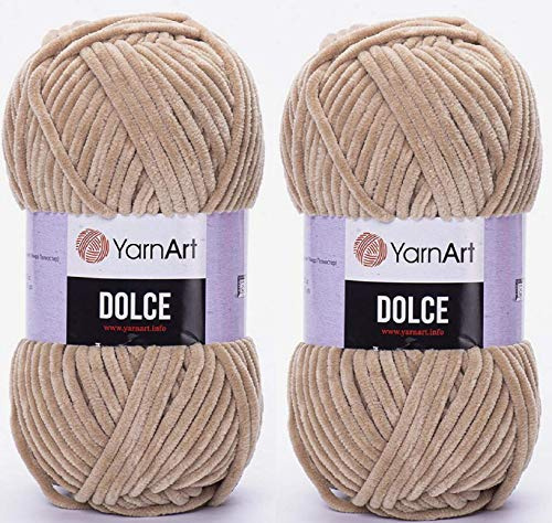 YarnArt Dolce Yarn 100% micropoliéster, lote de 2 skn 264 yardas, 2 x 100 gramos, súper voluminoso: 6 hilos de chenilla para bebé (747 beige oscuro)