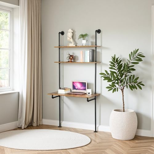 ZIOTHUM Industrial Wall Mount Desk with Shelves, Ladder Style Computer Laptop Desk, Floating Table with Storage, Industrial Pipe Bookcase for Home Office (36x20x81)