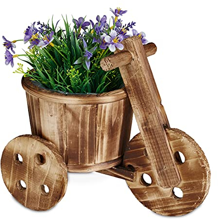 Relaxdays Blumenfahrrad, Gartendeko, draußen, Blumenkarre zum Bepflanzen, H x B x T: 25 x 30 x 16,5 cm, Holz, Natur
