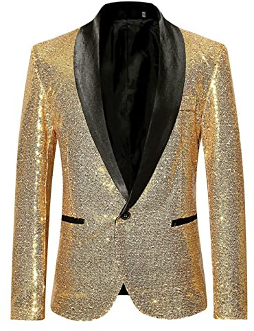 LUCKME Mens Sequin Blazer Shiny Glitter Suit Jacket Casual Smart Notched One Button Regular Fit Floral Suit Blazer Business Work Jackets Gold