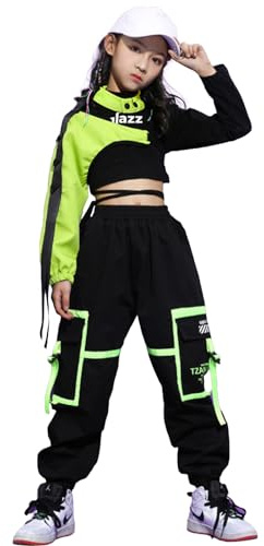 LOLANTA Traje de baile callejero Hip Hop para niñas, conjunto de ropa elegante de pantalones cargo, Negro, 11-12 Años,Tag 160