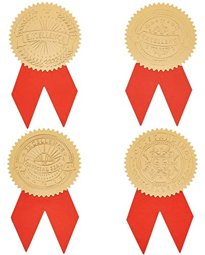 CRASPIRE Guldfolie prestationsklistermärken 5 cm guldpräglade folietätningar 48 st guldstämplade stämplar med 48 st rött band dekorationsklistermärke, självhäftande etiketter för kuvert certifikat examen