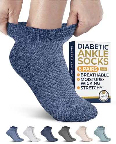 Pembrook Diabetiker-Knöchelsocken für Damen und Herren, niedrig geschnitten, nahtlos, Diabetiker-Socken für Herren, Blau & Neutral, 6 Paar, Größe M