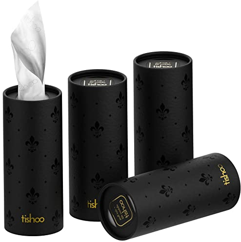 tishoo Hyaluronic Acid-Infused 4-ply Ultra Luxury Tissues | for Car Cup Holders, Home & Travel | 4 Tubes in Plastic-Free Packaging | Black/Pure