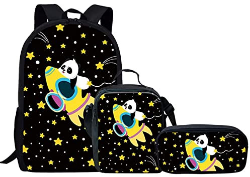 Jeiento Lightweight Backpack with Star Rocket Panda Print Durable Kids Teens School Bag 3PCS Set with Washable Easy Wipe Out Lunch Thermally Bag Pencil Bag